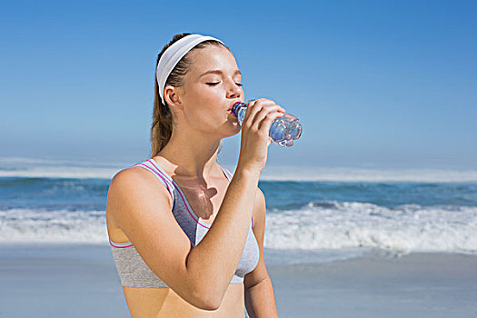 运动,金发,饮用水,海滩