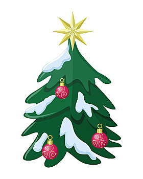 圣诞树,矢量,设计,插画,雪中,泡泡,红色,玩具,星,上面,圣诞节,新年,庆贺,寒假,象征,白色背景,风格