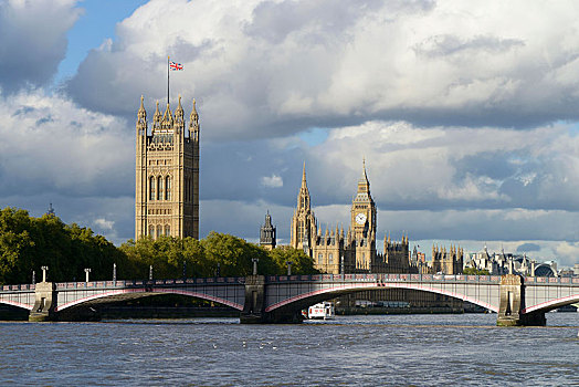 桥,上方,泰晤士河,正面,威斯敏斯特宫,议会大厦,大本钟,伦敦,英格兰,英国,欧洲