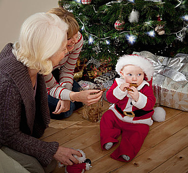 婴儿,衣服,圣诞老人,吃,饼干