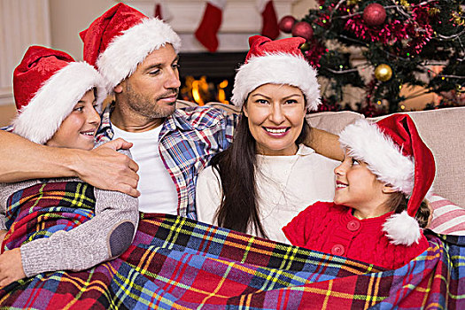 喜庆,家庭,圣诞帽,搂抱,遮盖