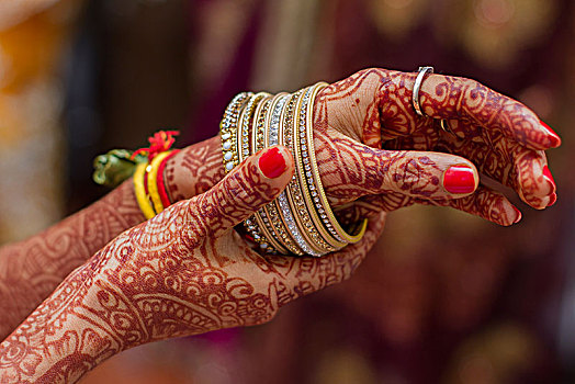 印度,新娘,涂绘,散沫花染料,环饰,亚洲