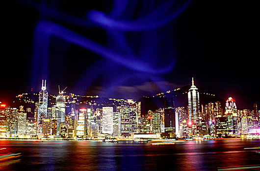 香港,天际线,夜晚,反射,维多利亚港,九龙