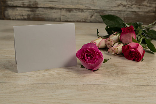 卡,玫瑰,花,木桌子