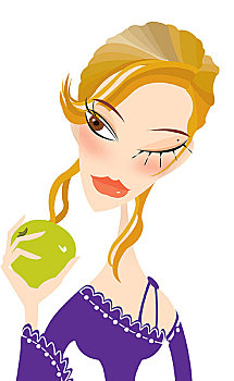 时尚插画,青苹果,紫色上衣,盘发,女子,疑惑