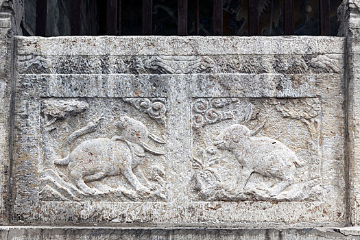古建筑石栏兔子石雕,中国山西省运城市解州关帝庙