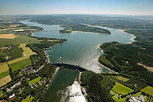 航拍,坝,水库,湖,藻厄兰,北莱茵-威斯特伐利亚,德国,欧洲