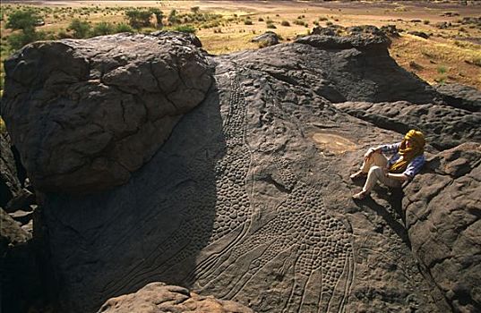 尼日尔,沙漠,岩石艺术,长颈鹿,靠近,雕刻,漂亮,岩层,暗色,漂石,边缘,大,湖,几个,岁月