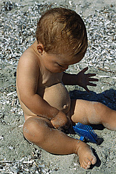 幼儿,坐,裸露,海滩,发现