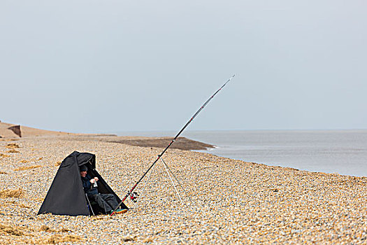 男人,海滩,钓鱼,寒冷,白天,防护