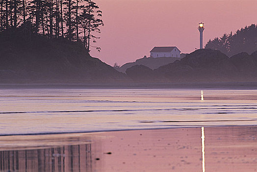 海滩,日落,灯塔,背景,环太平洋国家公园,自然保护区,温哥华岛,不列颠哥伦比亚省,加拿大