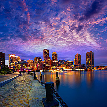 波士顿,日落,天际线,狂热,码头,马萨诸塞,美国