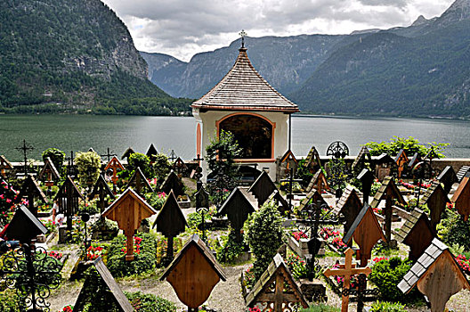 墓地,哈尔斯塔特,远眺,看,湖,阿尔卑斯山,世界遗产,萨尔茨卡莫古特,上奥地利州,欧洲
