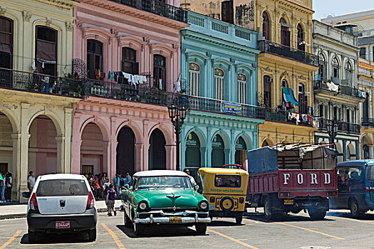 古巴,哈瓦那,建筑,混合,新,老,交通工具