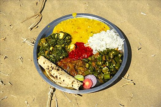 盘子,品味,食物,装入,沙子,塔尔沙漠,靠近,斋沙默尔,拉贾斯坦邦,印度