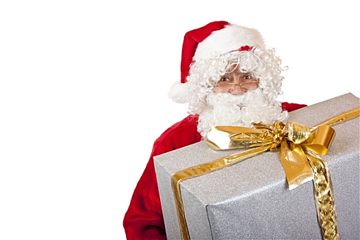 老,成熟,高兴,圣诞老人,拿着,一个,大,圣诞礼物,盒子