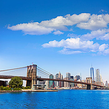 布鲁克林大桥,曼哈顿,天际线,纽约,阳光,美国