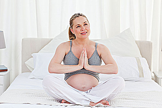 孕妇,练习,瑜珈,床