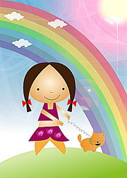 女孩,走,狗,正面,彩虹,印度
