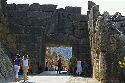 游客,遗迹,狮子,大门,迈锡尼,伯罗奔尼撒半岛,雅典,希腊
