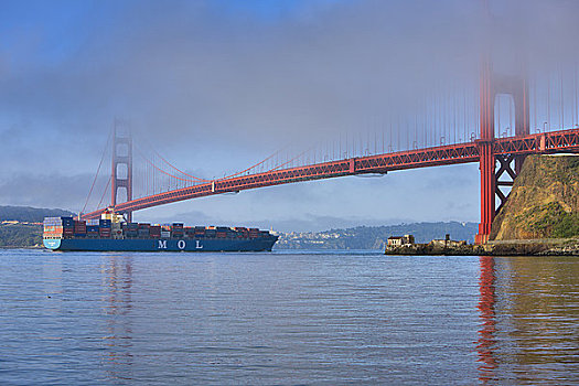 集装箱船,桥,金门大桥,旧金山湾,旧金山,加利福尼亚,美国