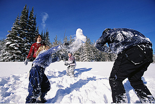 父親,母親,兒子,女兒,打雪仗