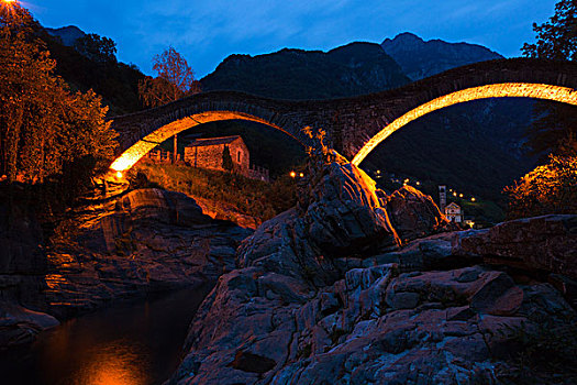 桥,晚间,提契诺河,洛迦诺,瑞士