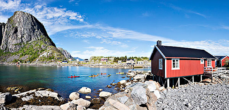 全景,渔村,框架,蓝色海洋,高,顶峰,莫斯克内斯,诺尔兰郡,罗浮敦群岛,挪威,欧洲