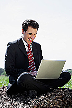 商务人士,坐,干草堆,笔记本电脑