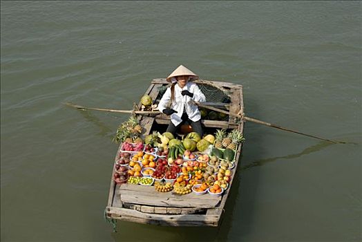 水上市场,越南人,销售,彩色,水果,划艇,下龙湾,湾,越南,东南亚