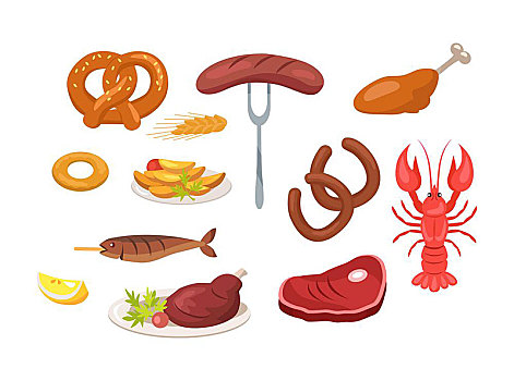 食物,餐食,象征,矢量,插画,香肠,鸡肉,小龙虾,鱼肉,土豆,火腿,隔绝,白色背景,背景