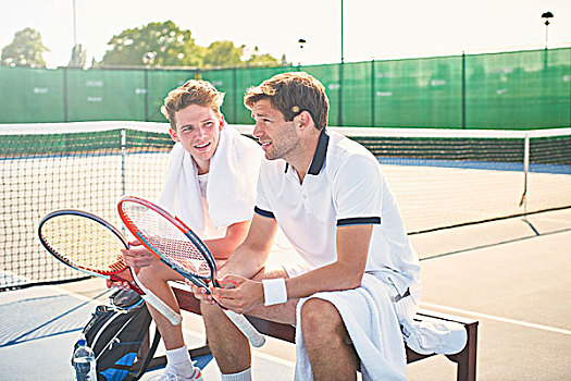 年轻,网球手,休息,网球拍,晴朗,网球场