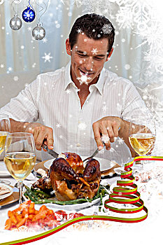 魅力,男人,吃饭,火鸡,圣诞晚餐