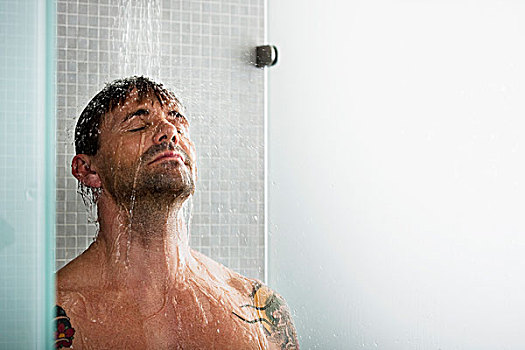 男人,洗,毛发,淋浴