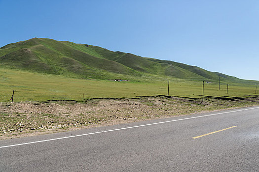 中国新疆夏季蓝天白云下高山草原g217独库公路直行道侧面