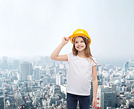 建筑,人,概念,微笑,小女孩,防护,头盔,仰视