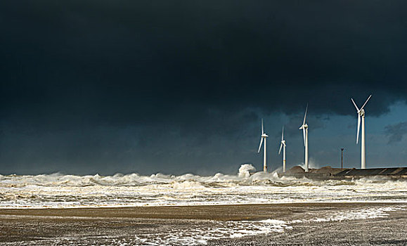 四个,风轮机,凶恶,风暴,波浪,云,海岸,北加莱海峡地区,法国