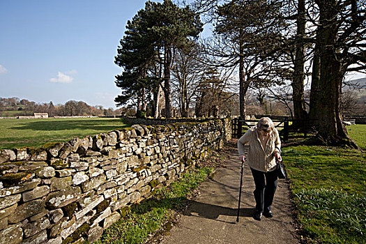 女人,手杖,走,小路,石头,栅栏,约克郡,英格兰