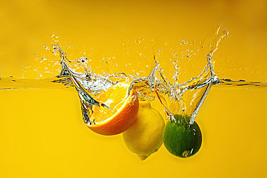 柠檬,橙色,落下,水