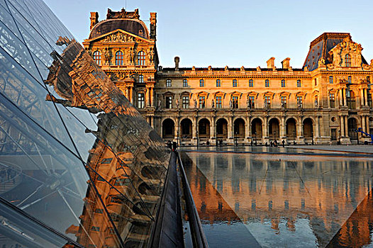 亭子,左边,右边,玻璃,金字塔,入口,正面,卢浮宫,宫殿,博物馆,晚间,亮光,巴黎,法国,欧洲