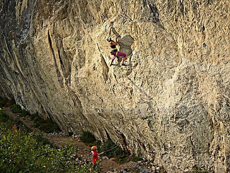女人,攀登,岩石,提洛尔,奥地利,欧洲