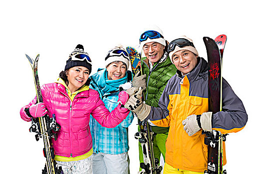 快乐的老年人冬季滑雪