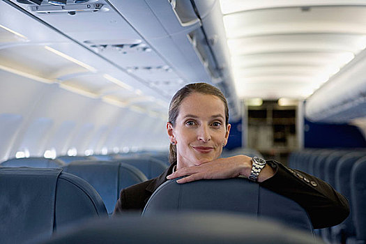 女人,休息,下巴,上面,飞机,座椅
