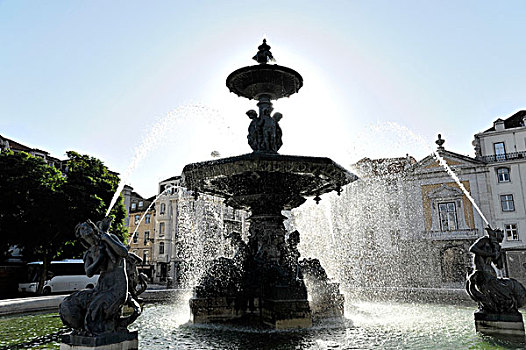 喷泉,雕塑,罗斯奥广场,历史,地区,里斯本,葡萄牙,欧洲
