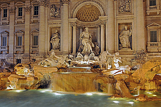喷泉,夜晚,罗马,历史,中心,意大利