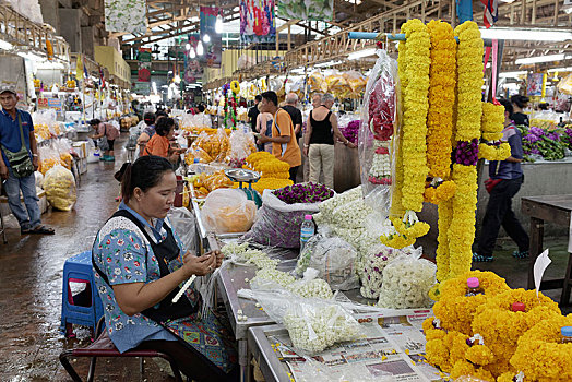 女人,制作,插花,市集,花,市场,曼谷,泰国,亚洲