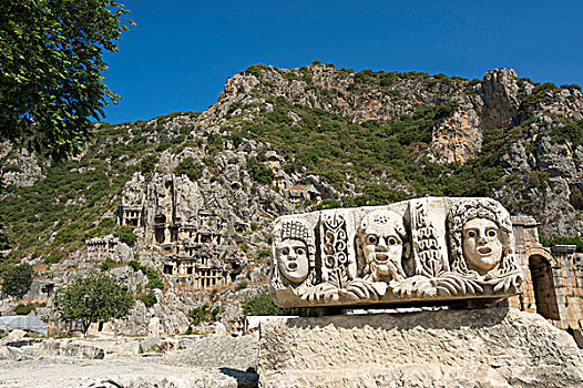 利西亚,石头,陵墓,剧院,面具,米拉,南方,海岸,土耳其,西亚