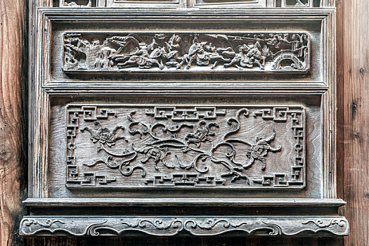 中式实木雕花美人靠门窗,安徽省黟县卢村木雕楼景区古民居