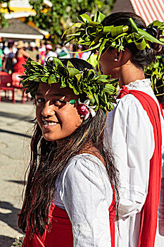 太平洋,法属玻利尼西亚,社会群岛,特写,年轻,女人,头像,传统服饰