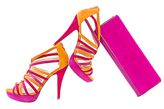 粉色,橙色,鞋,相配,包,白色背景